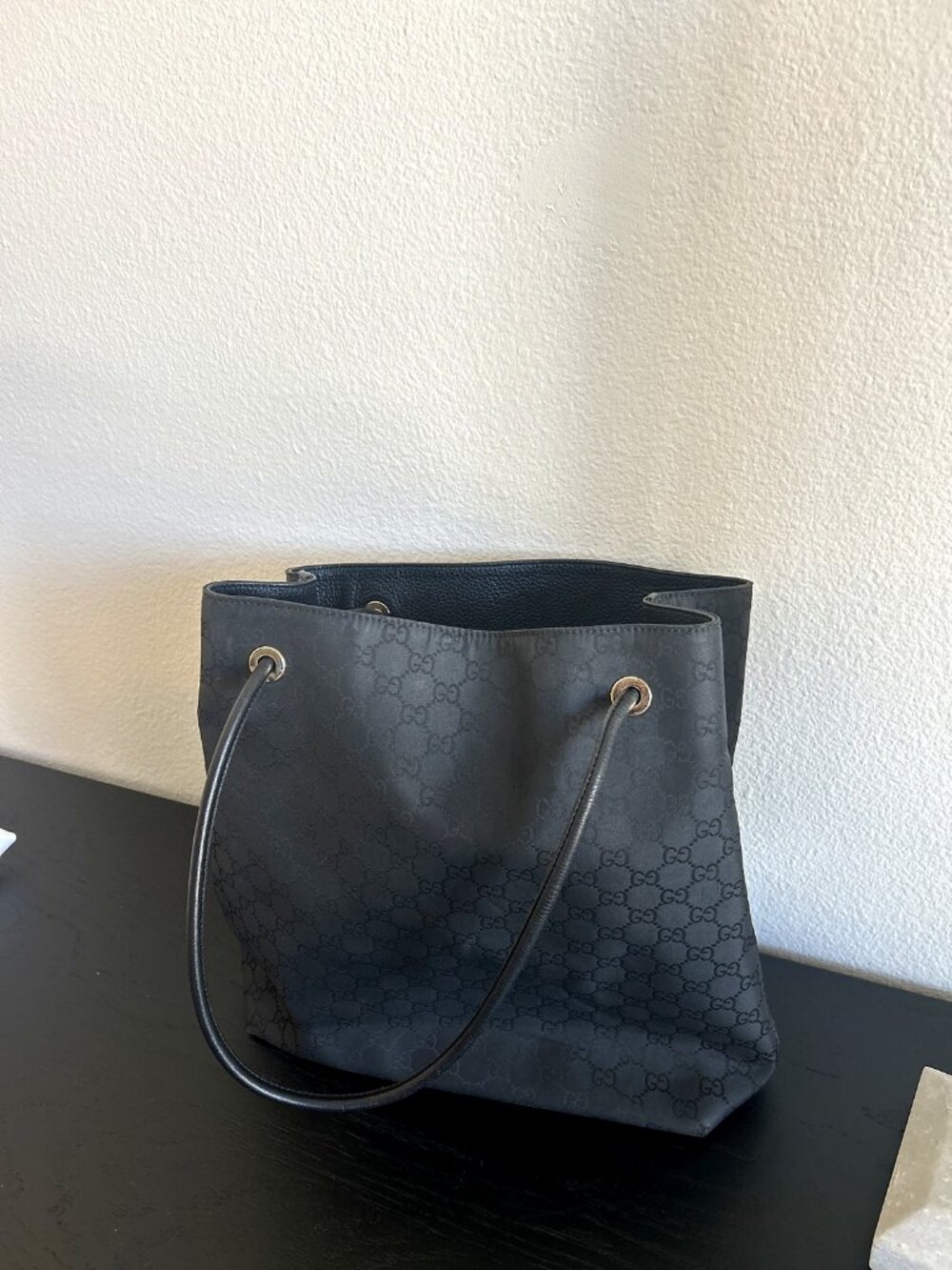 Gucci Black GG Monogram Bucket Bag Drawstring Nylon Leather Trim Gold Eyelets